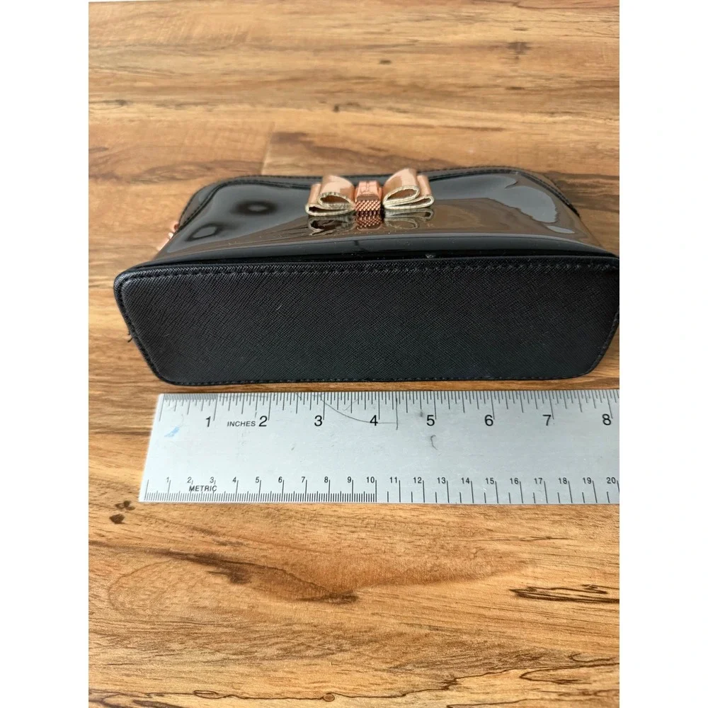 Ted Baker Aimee Black Patent Makeup Bag Cosmetic Pouch Rose Gold Curved Bow